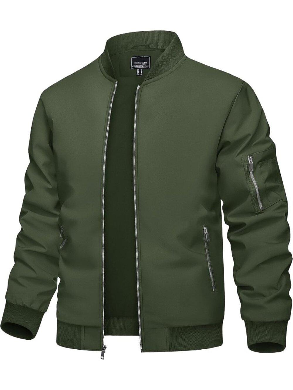 Men's Olive Polyester Full Zipper Stand Collar Pockets Windbreaker Bomber Jacket